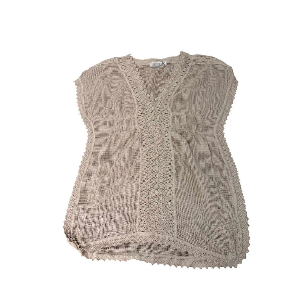 Seaspice Resort Wear Beige Peruvian Cotton Crochet Lace Trim Cover Up Top Small